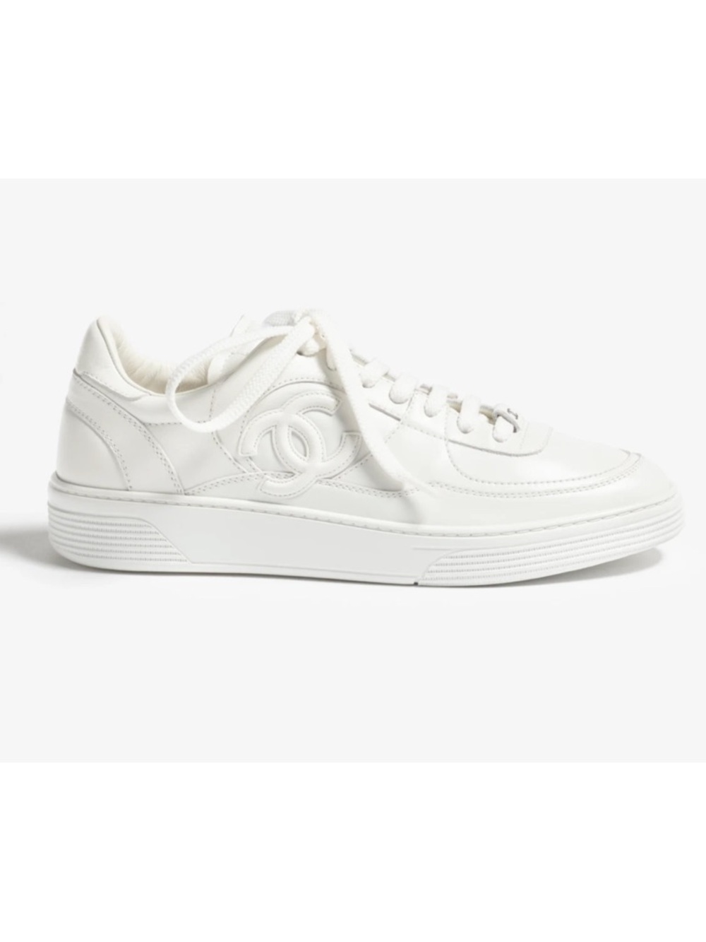 Chanel 25B White Calfskin Leather CC Logo Tie Flat Runner Trainer Sneaker 42